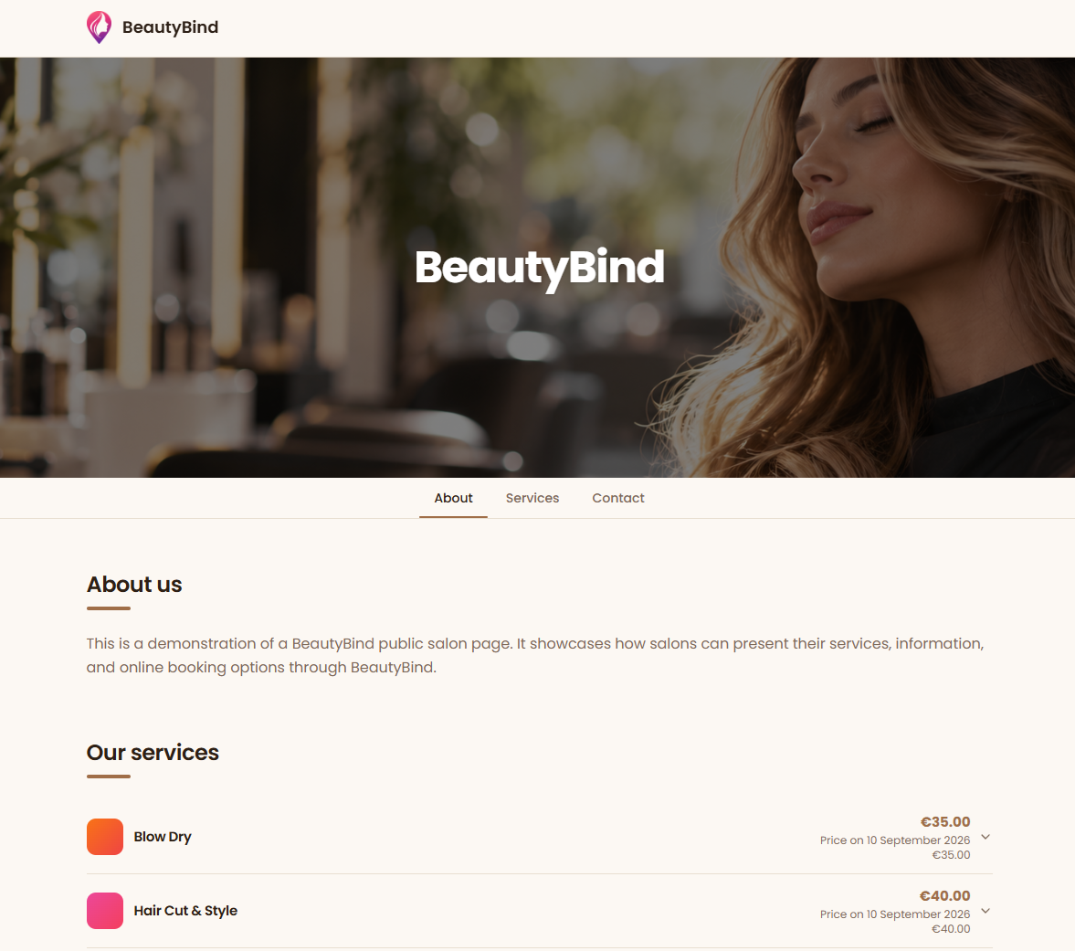 BeautyBind brandirana web stranica salona s online rezervacijama